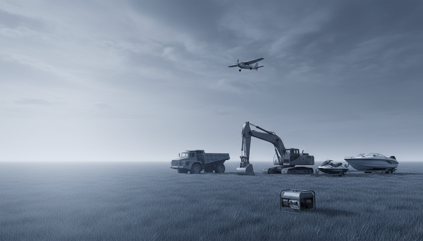 Farm field with various assets including trucks, boats, excavators, and aircraft